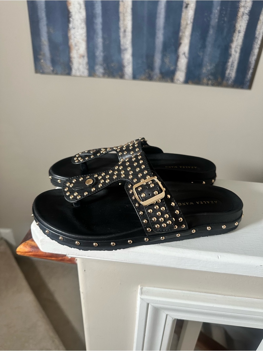 Azalea Wang Black Studded Buckle Slide Sandals